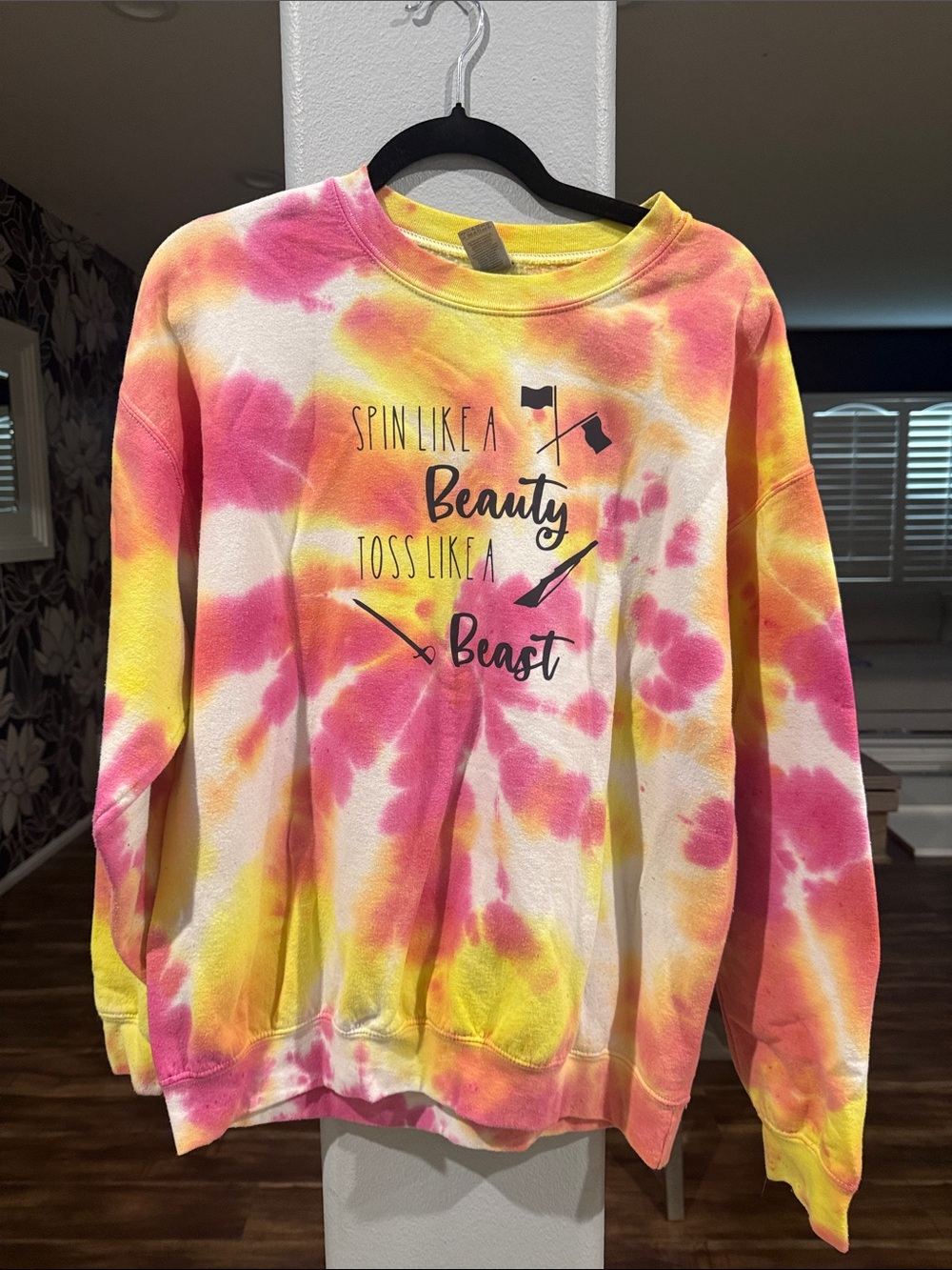 Gildan Pink & Yellow Tie-Dye Crewneck Sweatshirt - "Colorguard" Graphic